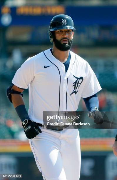 Nomar Mazara of the Detroit Tigers rounds the bases hitting a two-run home run against the Cleveland Indians during the first inning at Comerica Park...