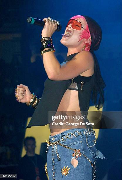 Hip hop singer Pink performs at Z100''s Zootopia concert June 1, 2001 at Nassau Veterans Memorial Colisieum in New York City.