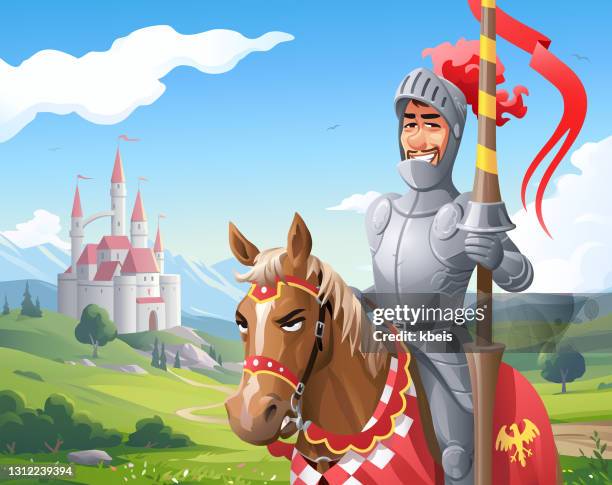 knight on a horse vor schloss - lance king stock-grafiken, -clipart, -cartoons und -symbole