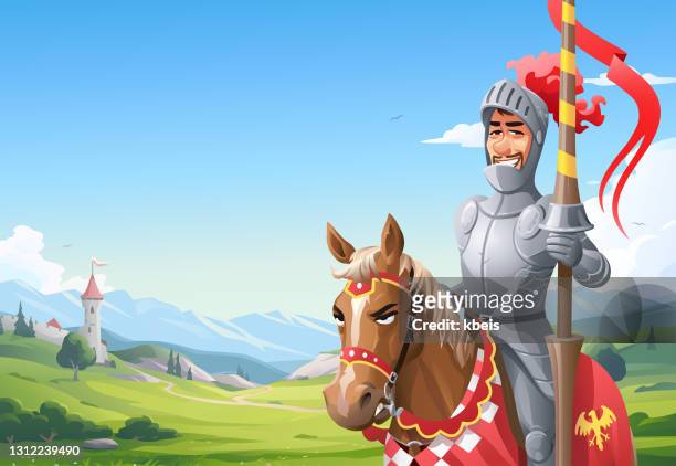 ritter auf einem pferd inmitten einer wunderschönen landschaft - lance king stock-grafiken, -clipart, -cartoons und -symbole