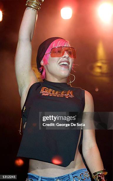 Hip hop singer Pink performs at Z100''s Zootopia concert June 1, 2001 at Nassau Veterans Memorial Colisieum in New York City.