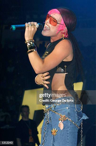 Hip hop singer Pink performs at Z100''s Zootopia concert June 1, 2001 at Nassau Veterans Memorial Colisieum in New York City.