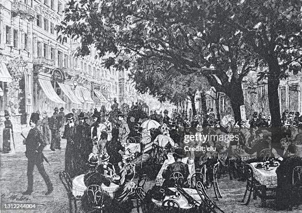 crowded karlsbad outdoor café alte wiese - outside cafe stock illustrations