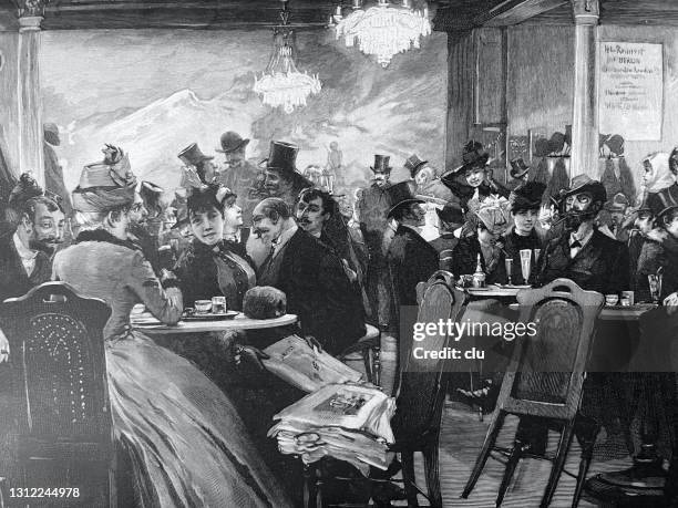 crowded coffee house in a theater - coffee shop stock illustrations