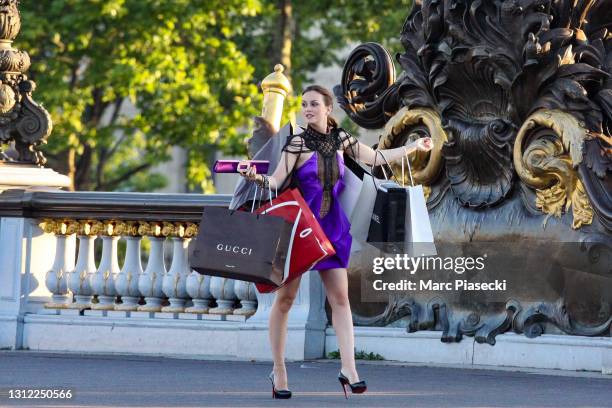 Actress Leighton Meester is sighted on location for "Gossip Girl" in Paris on July 7, 2010 in Paris, France.