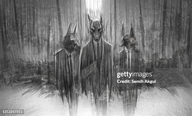 walking wolf men in forest with suit illustration - werewolf stock illustrations