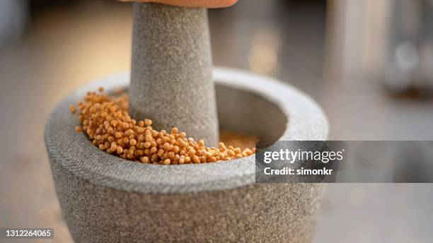semillas de mostaza en mortero y pestle - mostaza-hierba fotografías e imágenes de stock