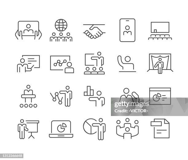 illustrations, cliparts, dessins animés et icônes de icônes de présentation d’affaires - série classic line - discours-liminaire