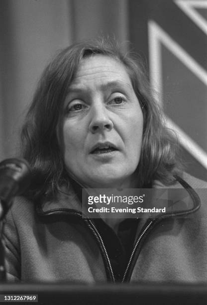 British Labour politician Shirley Williams , the MP for Hitchin, at a Labour Party press conference during the UK general election campaign of...