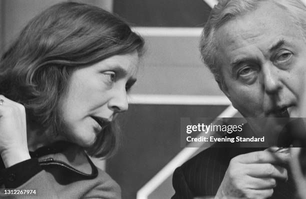 British Labour politician Shirley Williams , the MP for Hitchin, with party leader Harold Wilson at a Labour Party press conference during the UK...