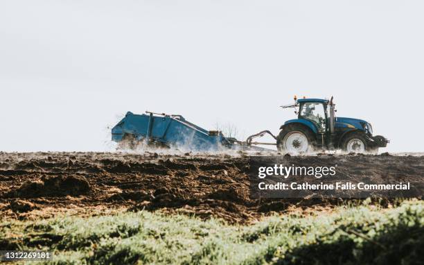 a blue tractor spreading manure in a field - adubo equipamento agrícola imagens e fotografias de stock