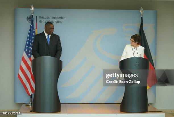 German Defense Minister Annegret Kramp-Karrenbauer and new U.S. Defense Secretary Lloyd Austin address the media following talks at the Defense...