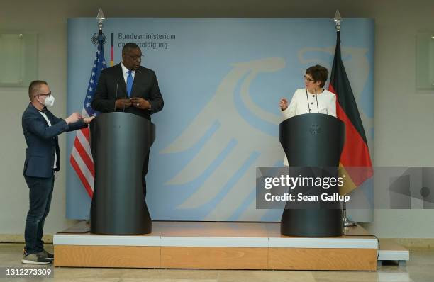 German Defense Minister Annegret Kramp-Karrenbauer and new U.S. Defense Secretary Lloyd Austin arrive to address the media following talks at the...