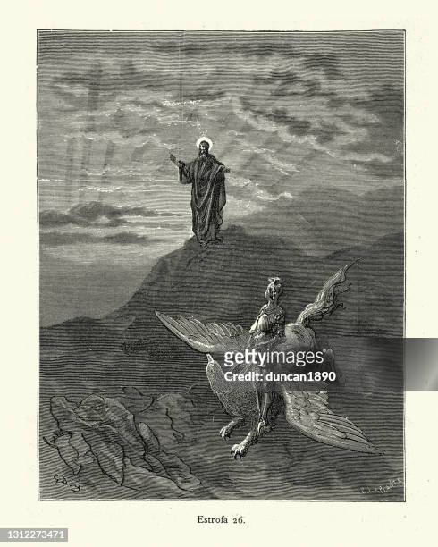 stockillustraties, clipart, cartoons en iconen met jezus christus die de ridder astolfo leidt, die een hippogriff berijdt - griffioen