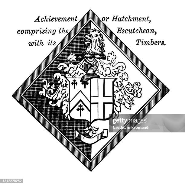 old engraved illustration of heraldry, achievement or hatchment, comprising the escutcheon, with its timbers - achievement logo stock pictures, royalty-free photos & images