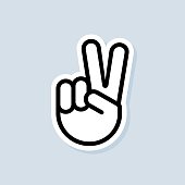 Victory sticker. Sign of victory or peace. Hand gesture of human. Two fingers raised up. Vector on isolated background. EPS 10