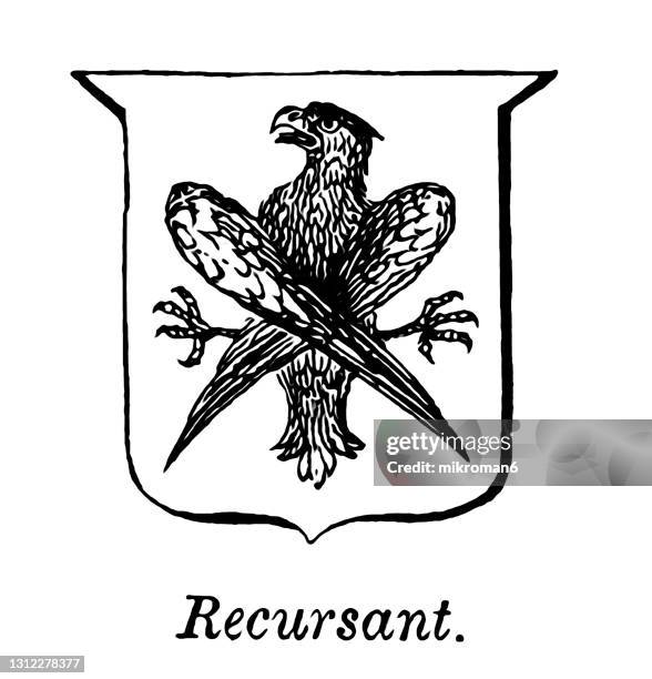 old engraved illustration of heraldry, heraldic recursant (eagle or hawk) - hawk stock pictures, royalty-free photos & images