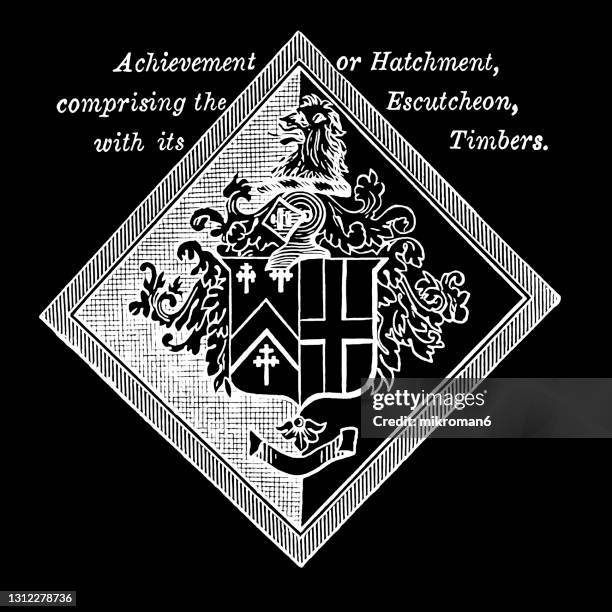 old engraved illustration of heraldry, achievement or hatchment, comprising the escutcheon, with its timbers - achievement logo stock pictures, royalty-free photos & images
