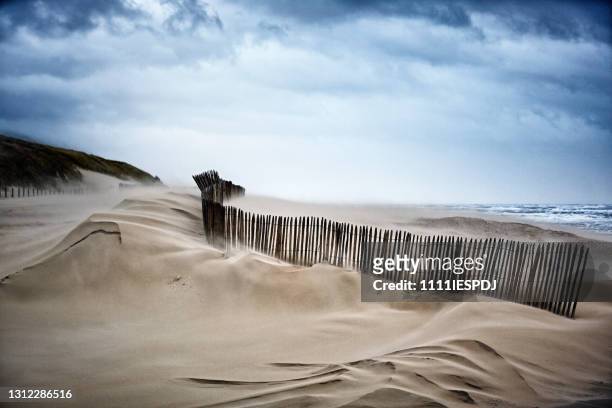 leerer strand während eines sturms - beach fence stock-fotos und bilder