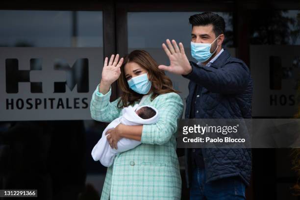 Paula Echevarria and Miguel Torres present their new baby at HM Monteprincipe hospital on April 13, 2021 in Madrid, Spain.