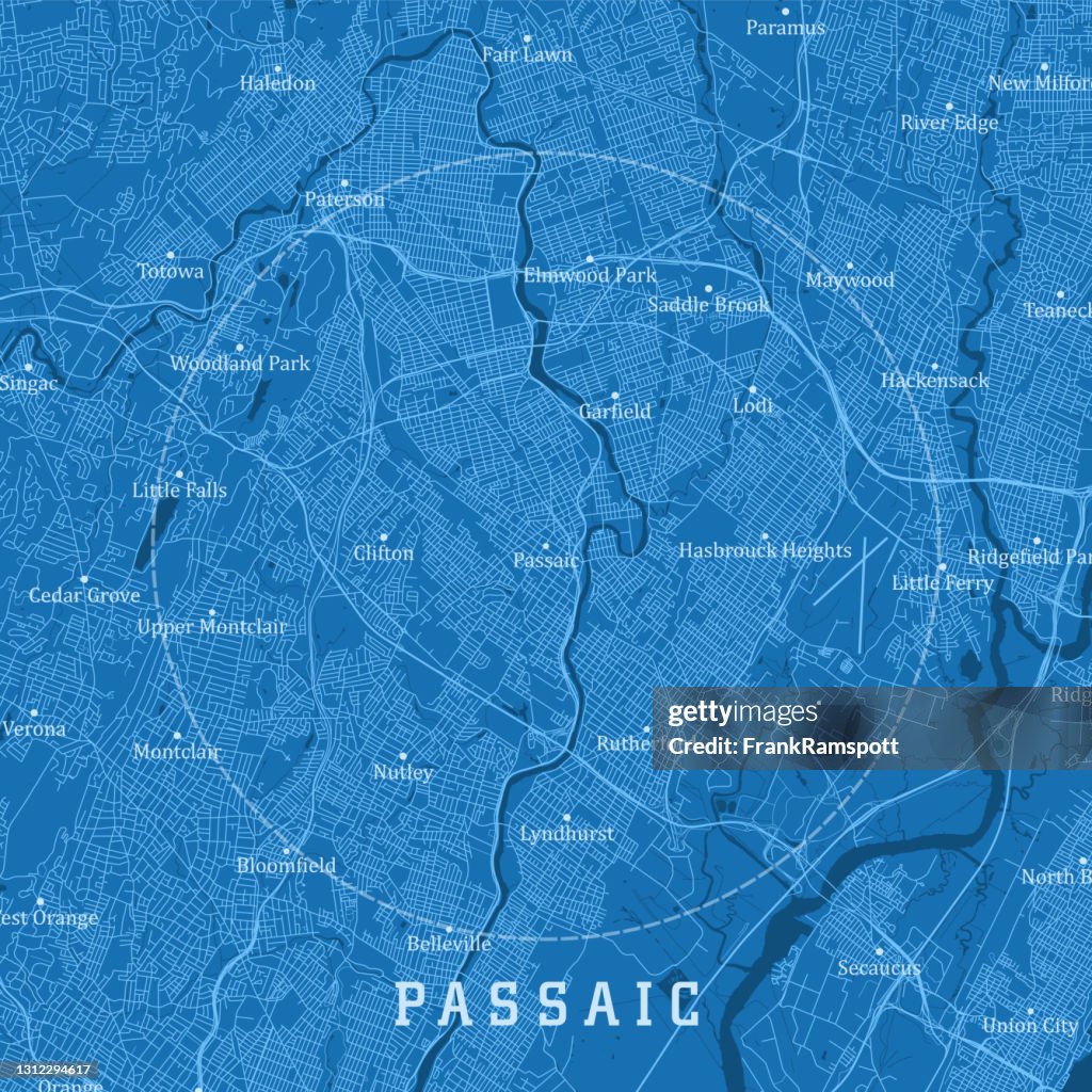 Passaic NJ City Vector Road Map Blue Text