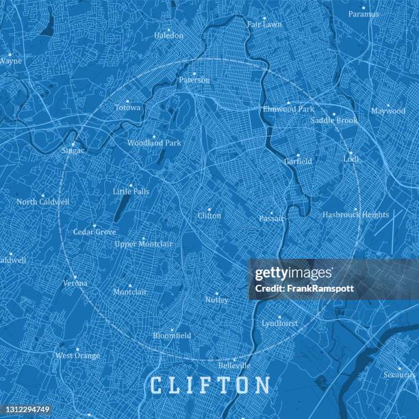 clifton nj city vector road map blue text - montclair stock illustrations