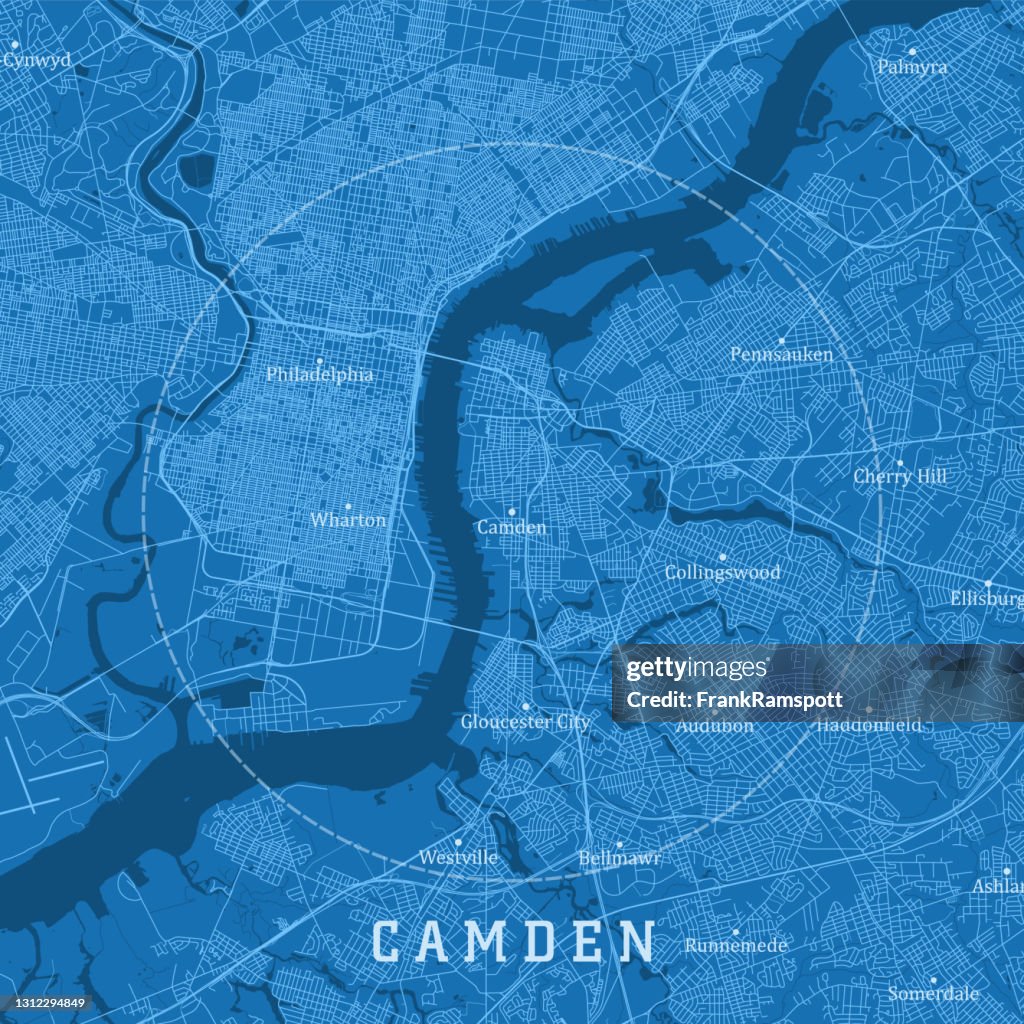 Camden NJ City Vector Road Map Blue Text
