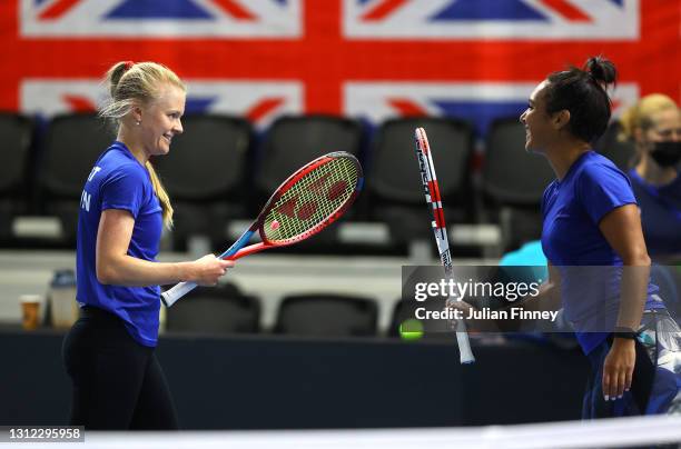 Heather Watson of Great Britain and Harriet Dart of Great Britain react during a preview day of the Billie Jean King Cup Play-Offs between Great...