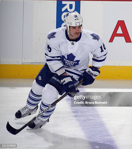 Mike Brown of the Toronto Maple Leafs skates in warmups prior to the game against the New Jersey Devils at the Prudential Center on November 2, 2011...