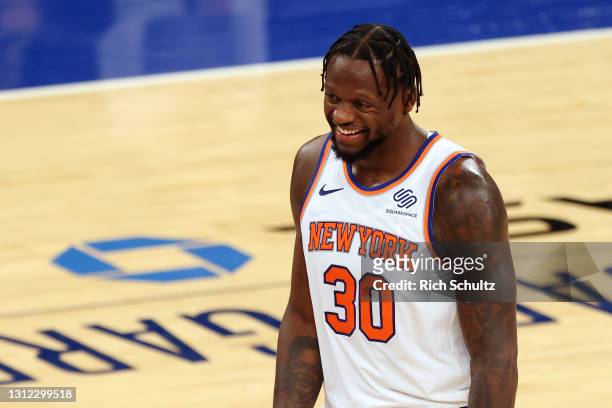 Julius Randle of the New York Knicks in action against the Toronto Raptors during a game at Madison Square Garden on April 11, 2021 in New York City....