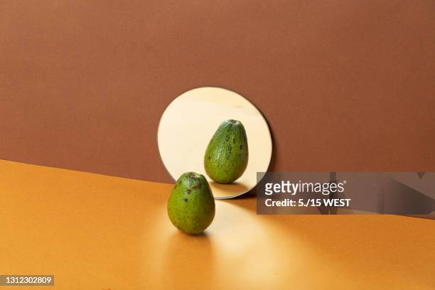 verse avocado's in spiegelreflectie. kopieerruimte - fruit art stockfoto's en -beelden