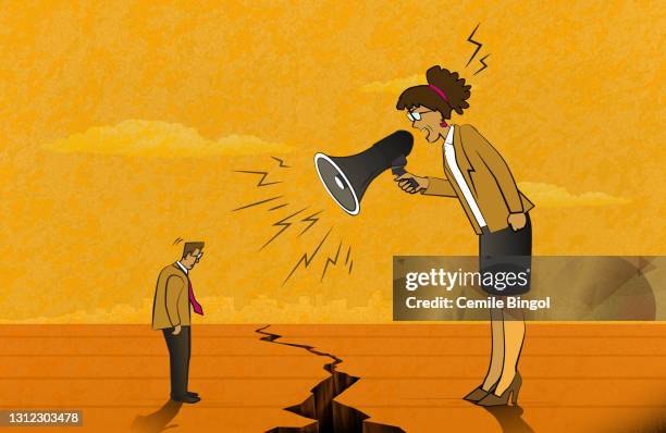 angry woman shouting at the man - assertiveness stock illustrations