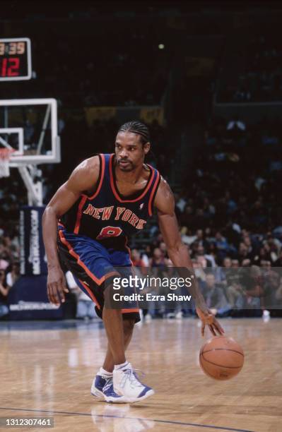 Latrell Sprewell, Small Forward and Shooting Guard for the New York Knicks dribbles the basketball down court during the NBA Atlantic Division...