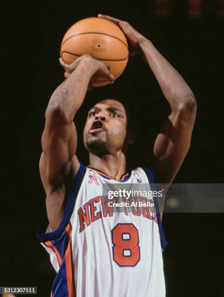 Latrell Sprewell, Small Forward and Shooting Guard for the New York Knicks attempts to make a free throw shot during the NBA Atlantic Division...