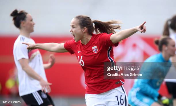 Guro Reiten of Norway celebrate after scoring the opening goal during the Women's International Friendly match between Germany and Norway at...