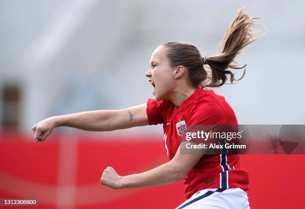 Guro Reiten of Norway celebrate after scoring the opening goal during the Women's International Friendly match between Germany and Norway at...