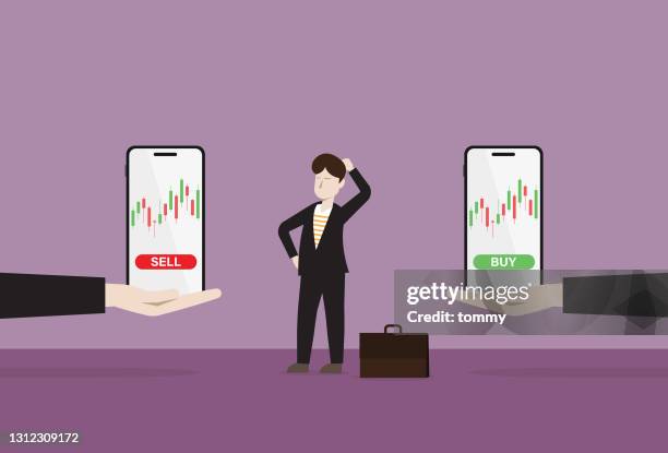 ilustraciones, imágenes clip art, dibujos animados e iconos de stock de empresario elige entre vender o comprar bolsa - volátil