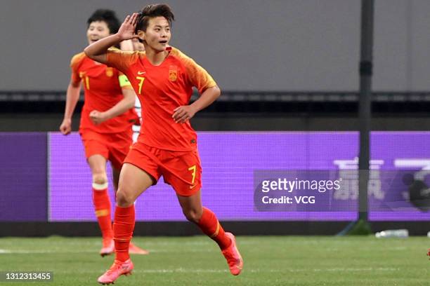 Wang Shuang of China celebrates after scoring her team's second goal during the Tokyo Olympics Women's Football Asian Final Qualifier 2nd leg match...