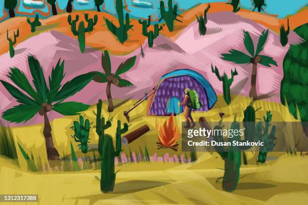 man with a backpack on his back buys - cactus drawing stock illustrations