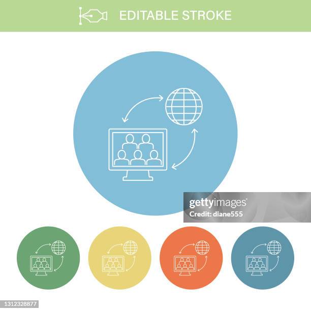 work from home or e-learning editable stroke thin line icon - students working in groups stock illustrations