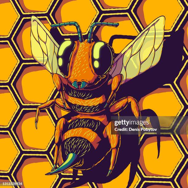 illustrations, cliparts, dessins animés et icônes de illustration colorée de vecteur hand-drawn - abeille sur le fond de nid d’abeille. - motif wax