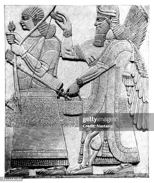 ancient relief from dur-sharrukin (khorsabad, iraq) from palace of sargon ii king of assyria - babylonia stock illustrations