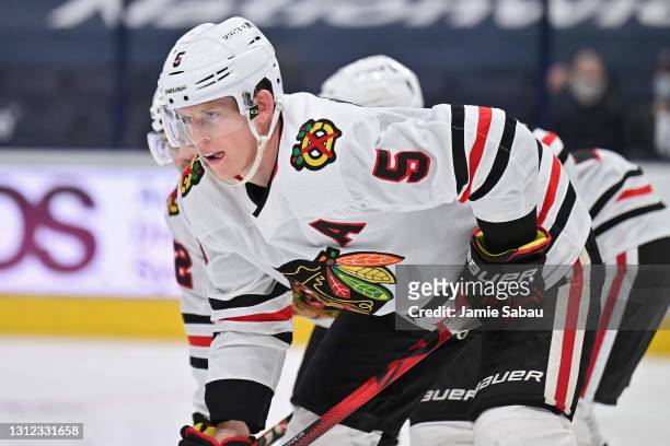 Connor Murphy of the Chicago Blackhawks skates against the Columbus Blue Jackets at Nationwide Arena on April 12, 2021 in Columbus, Ohio.