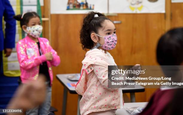 Kindergartners in Mrs. Barraza's classroom at Heliotrope Avenue Elementary, in Maywood on Tuesday, April 13, 2021. After a year of online learning...