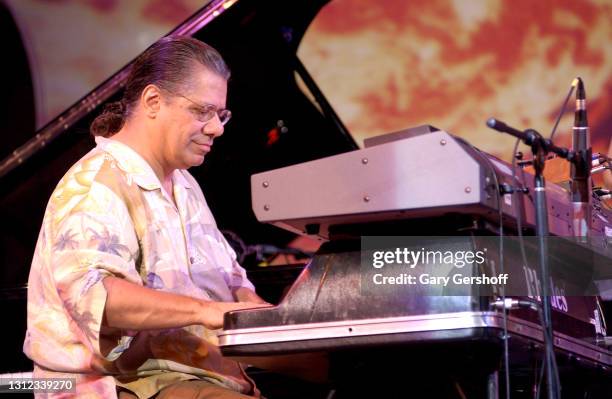 View of Jazz musician, composer, and bandleader Chick Corea plays electric piano as he performs onstage, with his Elektric Band, during a free...