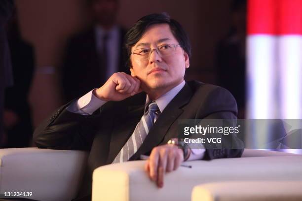 Lenovo CEO and Chairman Yang Yuanqing attends the press conference of Lenovo Group FY 11/12 Q2 Earnings Announcement at Shangri-La Hotel on November...