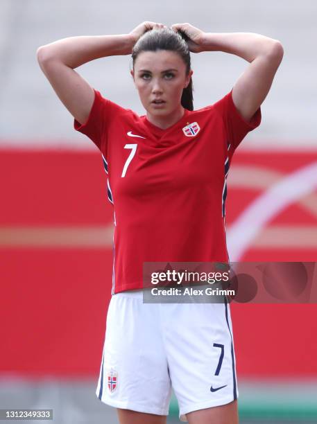 Ingrid Syrstad Engen of Norway reacts during the Women's International Friendly match between Germany and Norway at BRITA-Arena on April 13, 2021 in...