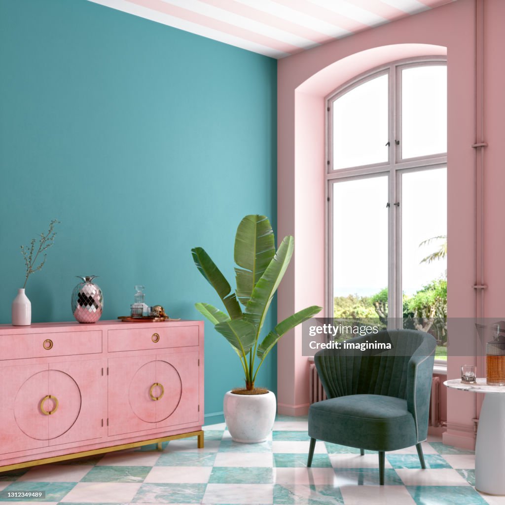 Moderno interior de la sala de estar de mediados de siglo en colores pastel