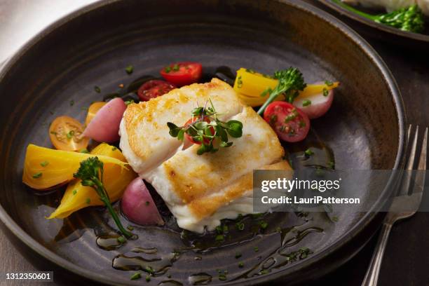 pan seared halibut with roasted vegetables - seared stock pictures, royalty-free photos & images