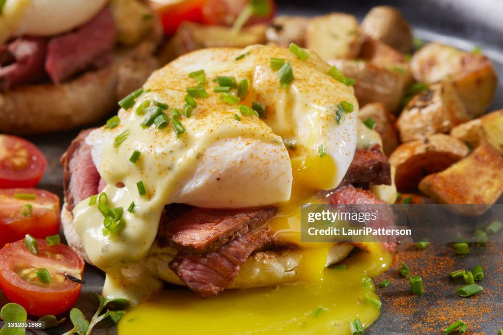 Medium Rare Steak Benedict on Toasted English Muffin